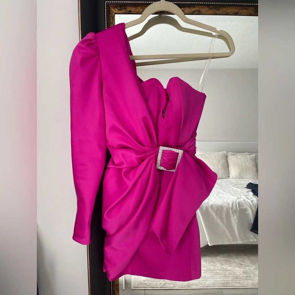 House of CB CHIARA Hot Pink One-Shoulder Draped Satin Mini Dress | XS